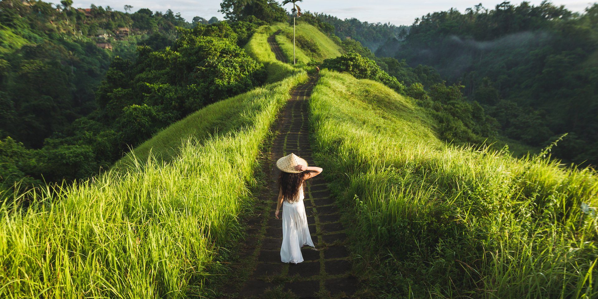 Young beautiful woman walking on Campuhan Ridge way of artists, in Bali, Ubud. Beautiful calm sunny morning